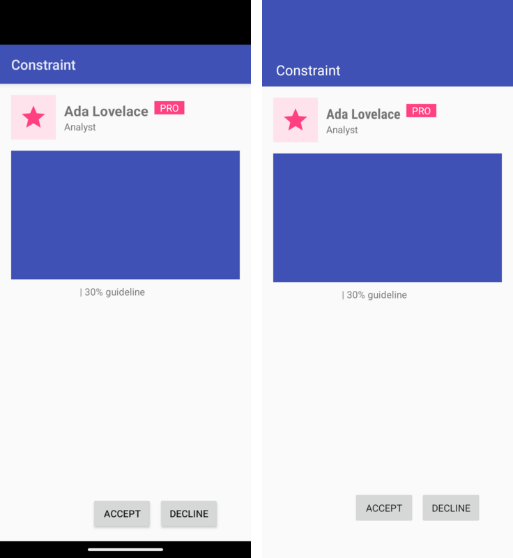 Views placed by ConstraintLayout, including a percentage guideline, on Android (left) and on Codename One (right)