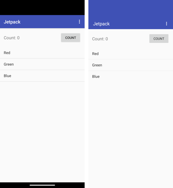A counter kept in a ViewModel and observed through LiveData, on Android (left) and on Codename One (right)