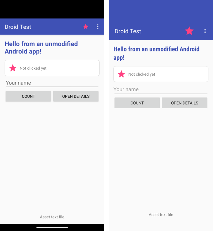 The launcher activity: an action bar with a menu, a custom view, a text field and buttons, on Android (left) and on Codename One (right)