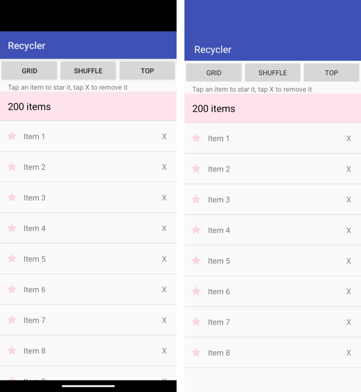 A RecyclerView with item decorations and click handling, on Android (left) and on Codename One (right)